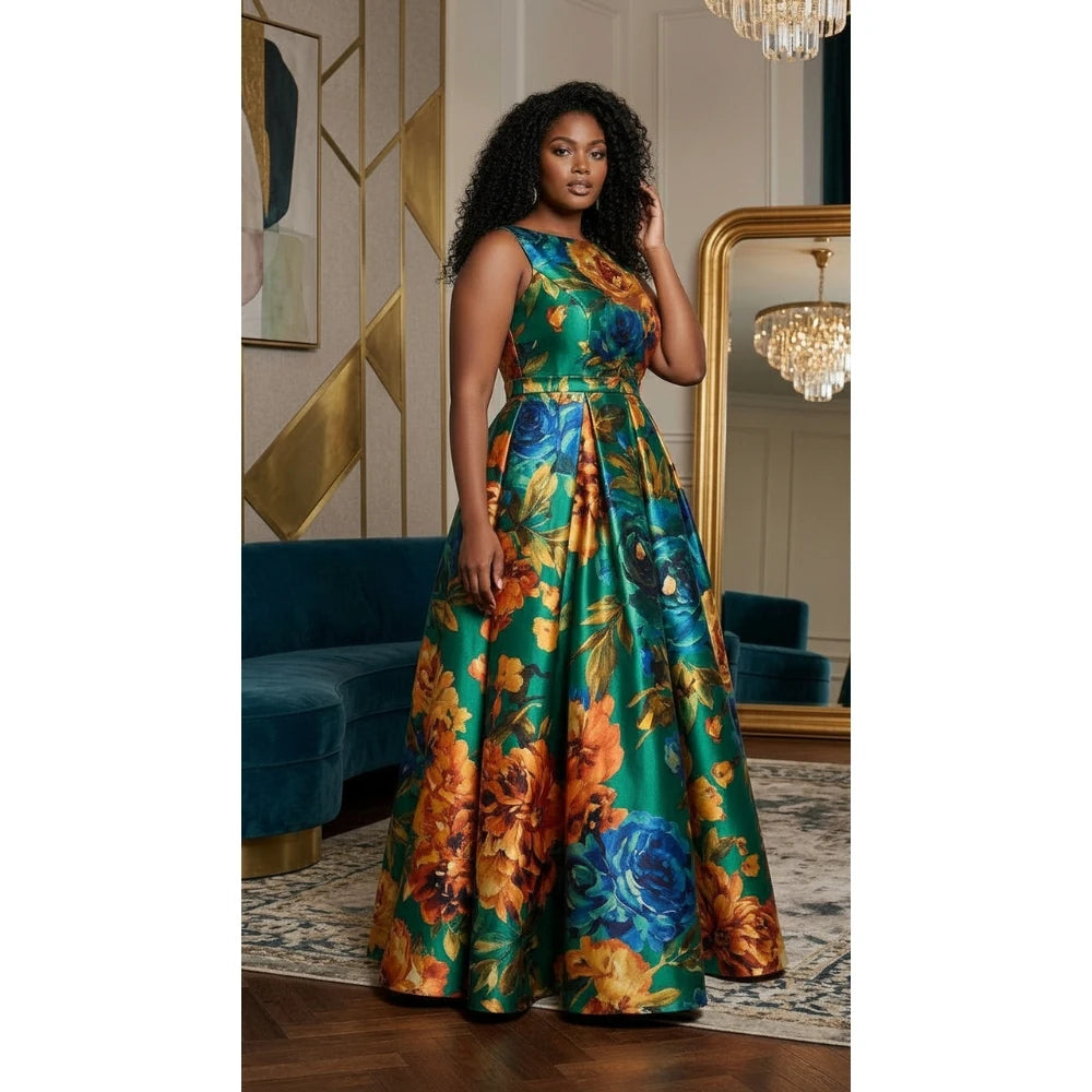 Plus Size Floral Print Maxi Dress Women Round Neck Sleeveless A Line Flared Formal Gown With Pleated Waist For Wedding Guest Eve