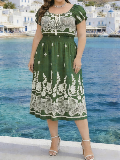 Plus-size Women' new spring/summer Bohemian Dress Drawstring Round-neck Short-Sleeves A-line Elegant beach vacation 4 Colors