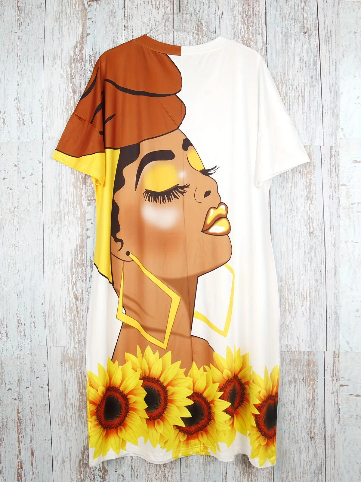 Plus Size Cartoon Woman & Flower Print Dress Casual V Neck Short Sleeve Dress For Spring & Summer Women's Plus Size Clothing