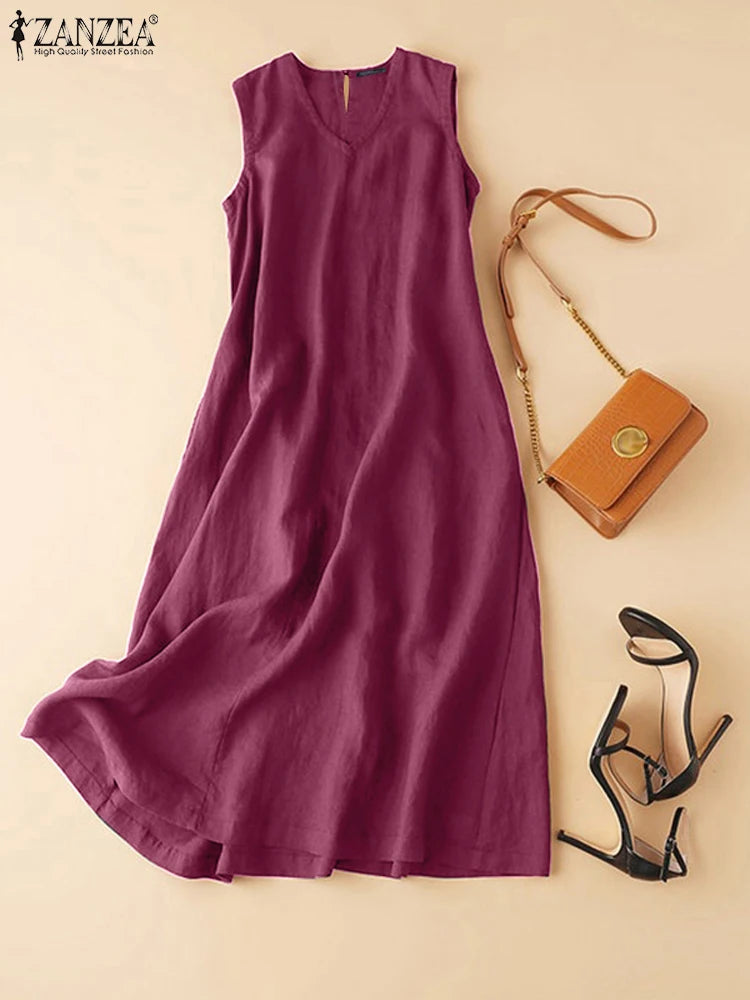 ZANZEA Plus Size Cotton Sleeveless Dresses 2025 Summer Womens Casual V Neck Solid Sundress Loose Vestidos Vintage Robes Femme