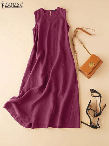 ZANZEA Plus Size Cotton Sleeveless Dresses 2025 Summer Womens Casual V Neck Solid Sundress Loose Vestidos Vintage Robes Femme