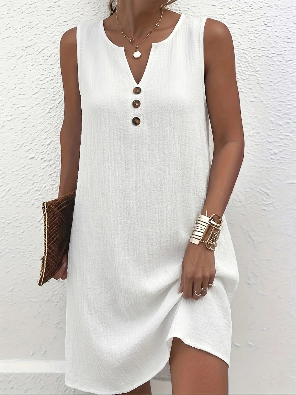 Chic Plus Size Women's Sleeveless V Neck Dress with Button Detail for Effortless Style