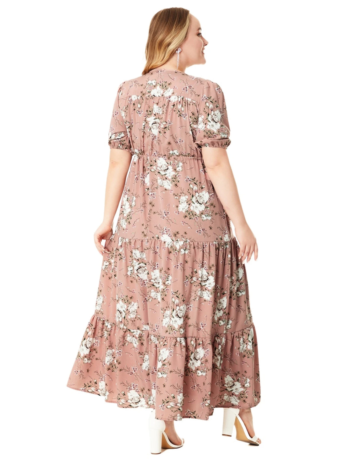 Plus Size Bohemian Summer Beach Casual Floral Print Half Sleeve Split Hem Maxi V Neck Long Dresses For Women