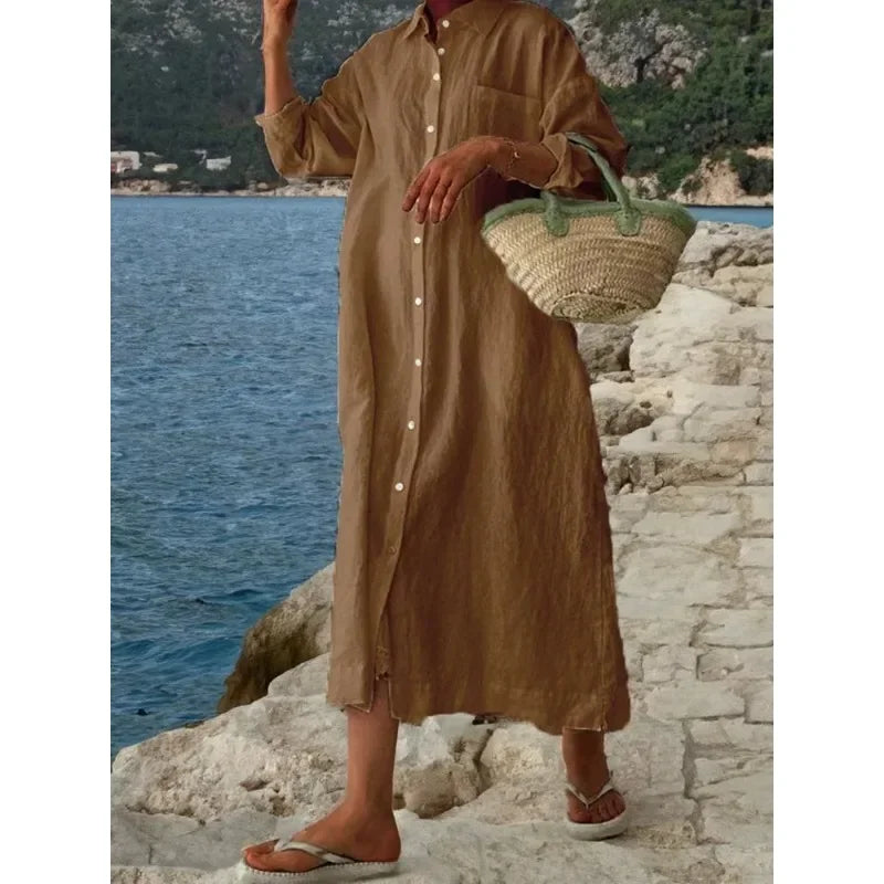 Women's L-5XL Plus Size Cotton Oversized Commuting Casual Solid Color Long Dress with A Lapel Collar Long Sleeves Loose Cardigan