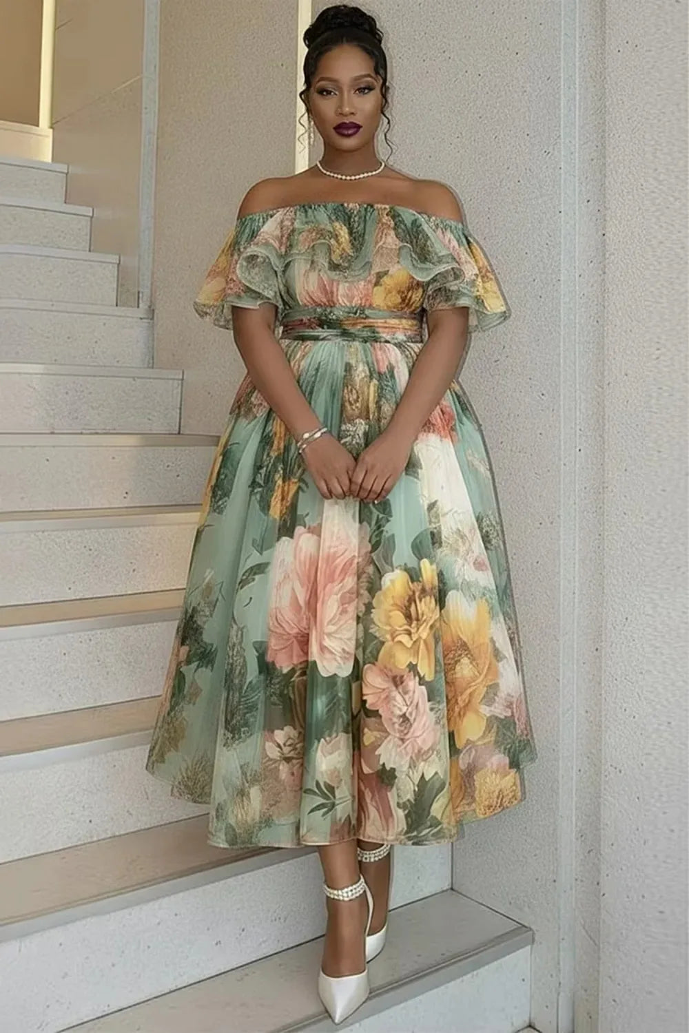 Women's Plus Size Green Floral Off Shoulder Ruffle Chiffon Midi Dress High Waist A Line Flowy Formal Dress Elegant Party Dress