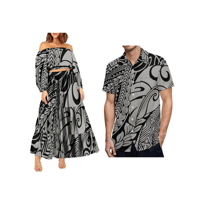 New Fashion Custom Plus Size Lady Full Sleeve Off Shoulder Crop Top and Long Pleated Skirt Samoan Polynesian Dress Women 2pcs
