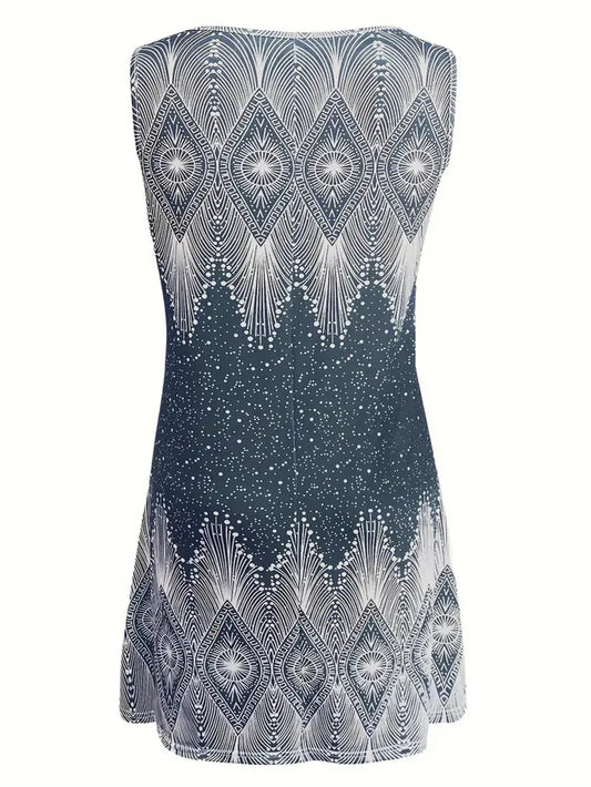 Plus-size women's summer sleeveless V-neck retro printed elegant dress