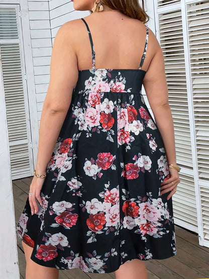 Plus Size Floral Print Cami Dress, Elegant V-Neck Spaghetti Strap A-Line Dress for Women