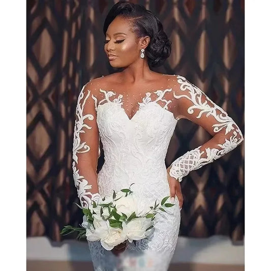 Plus Size South African Wedding Dresses Black Girls Mermaid Long Sleeves Lace Bridal Gown Vestido De Noiva Customized