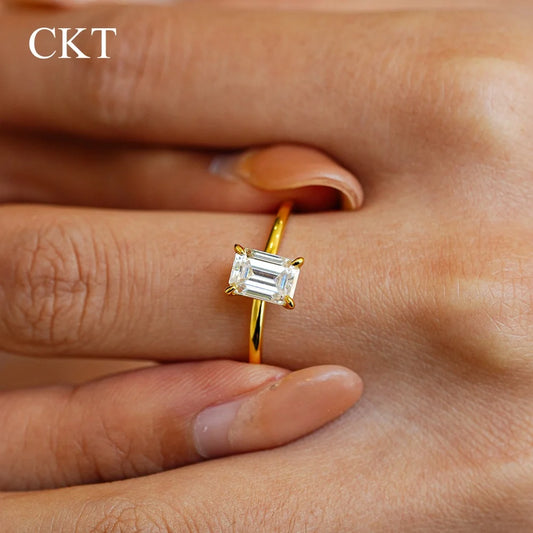 CKT Real 18k Gold Ring for Women Four-claw Emerald Rectangular 1ct Diamond Moissanite with GRA Cartificate Fine Jewelry