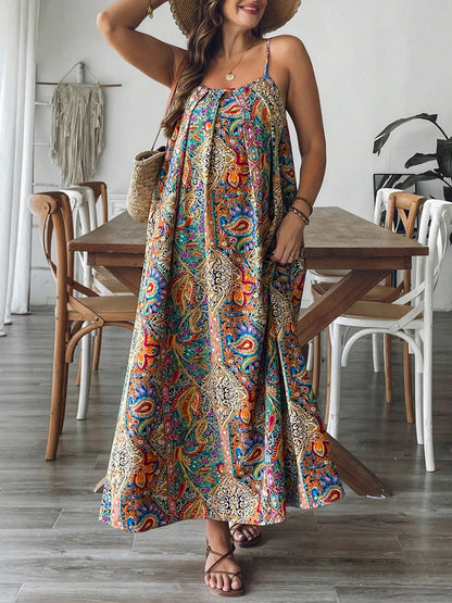 Plus Size Floral Paisley Maxi Dress Flowy Beachy Boho Vacation Gown Summer Dress