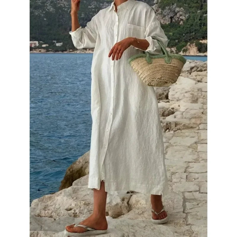 Women's L-5XL Plus Size Cotton Oversized Commuting Casual Solid Color Long Dress with A Lapel Collar Long Sleeves Loose Cardigan