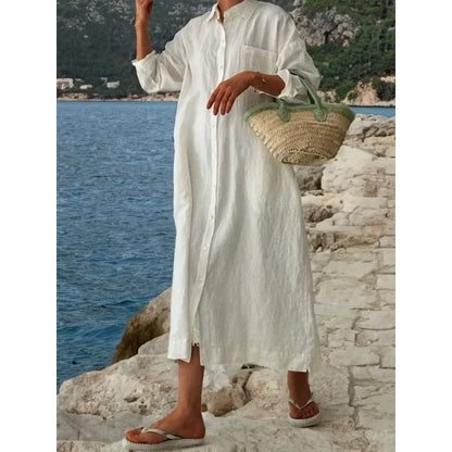 Women's L-5XL Plus Size Cotton Oversized Commuting Casual Solid Color Long Dress with A Lapel Collar Long Sleeves Loose Cardigan