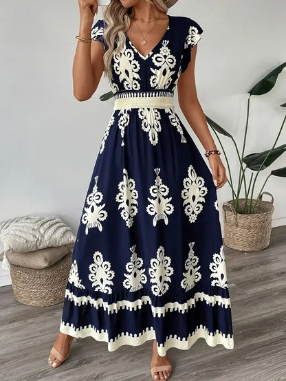 Plus Size New Women Fashion Floral Print V-Neck A-Line Dress with Ruffled Cap Sleeves Ladies Elegant Print Loose Summer Dress
