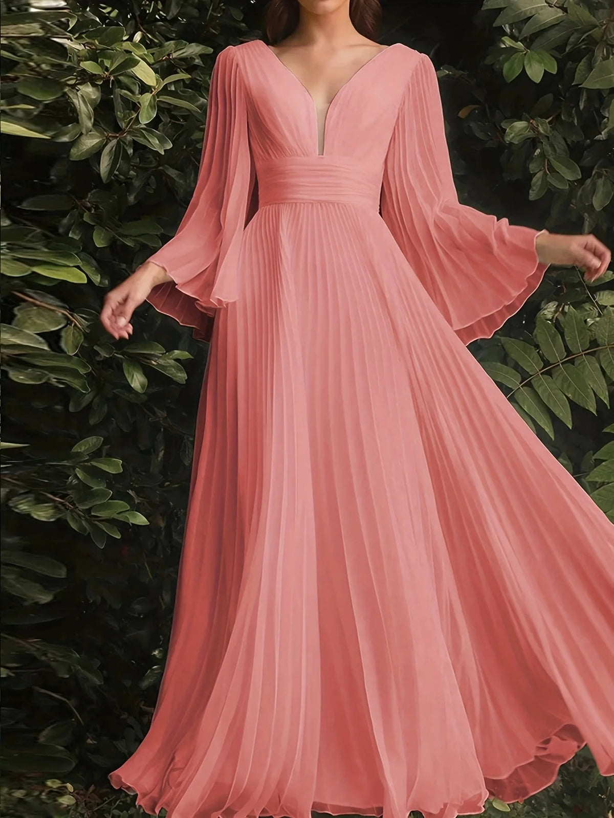 Plus Size Pleated Elegant Dress Female Solid V Neck Clothing Luxury Dinner Evening Long Robe 2025 Autumn Women Party Dress