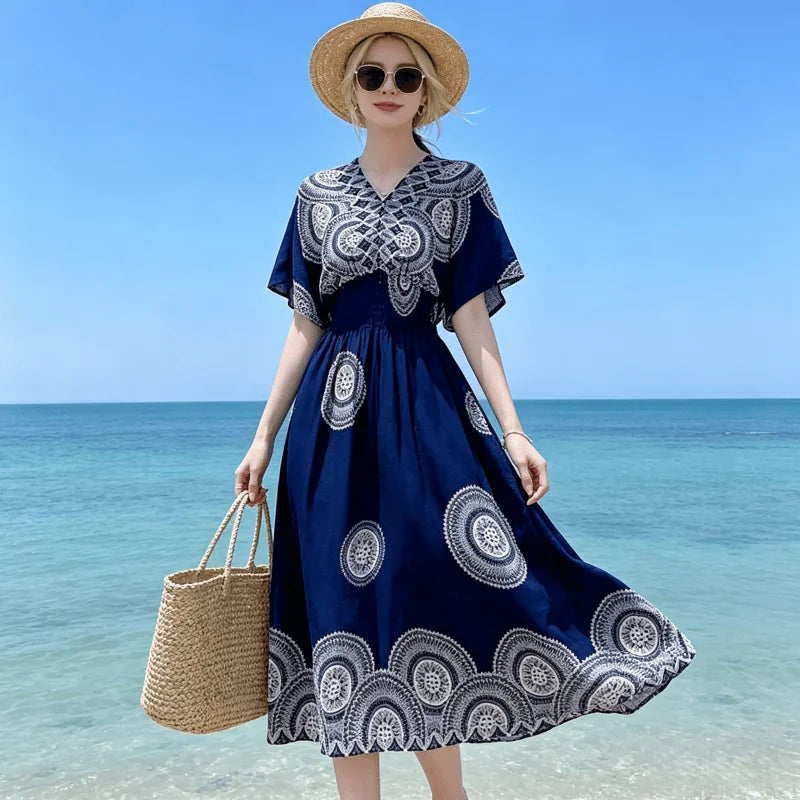 Plus Size Elegant Party Woman Midi Dresses Casual Retro Ethnic Style V-neck Tunic Large Swing Floral Printed Long Skirt Holiday