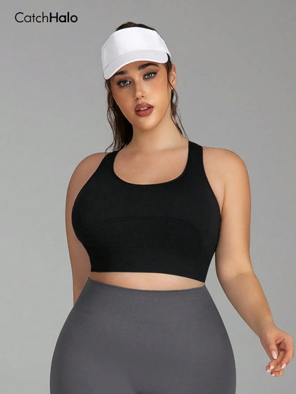 Plus Size Racerback Sports Bra Women Wide Strap Removable Pads Wireless Gym Yoga Bra Breathable Fitness Workout Crop Top