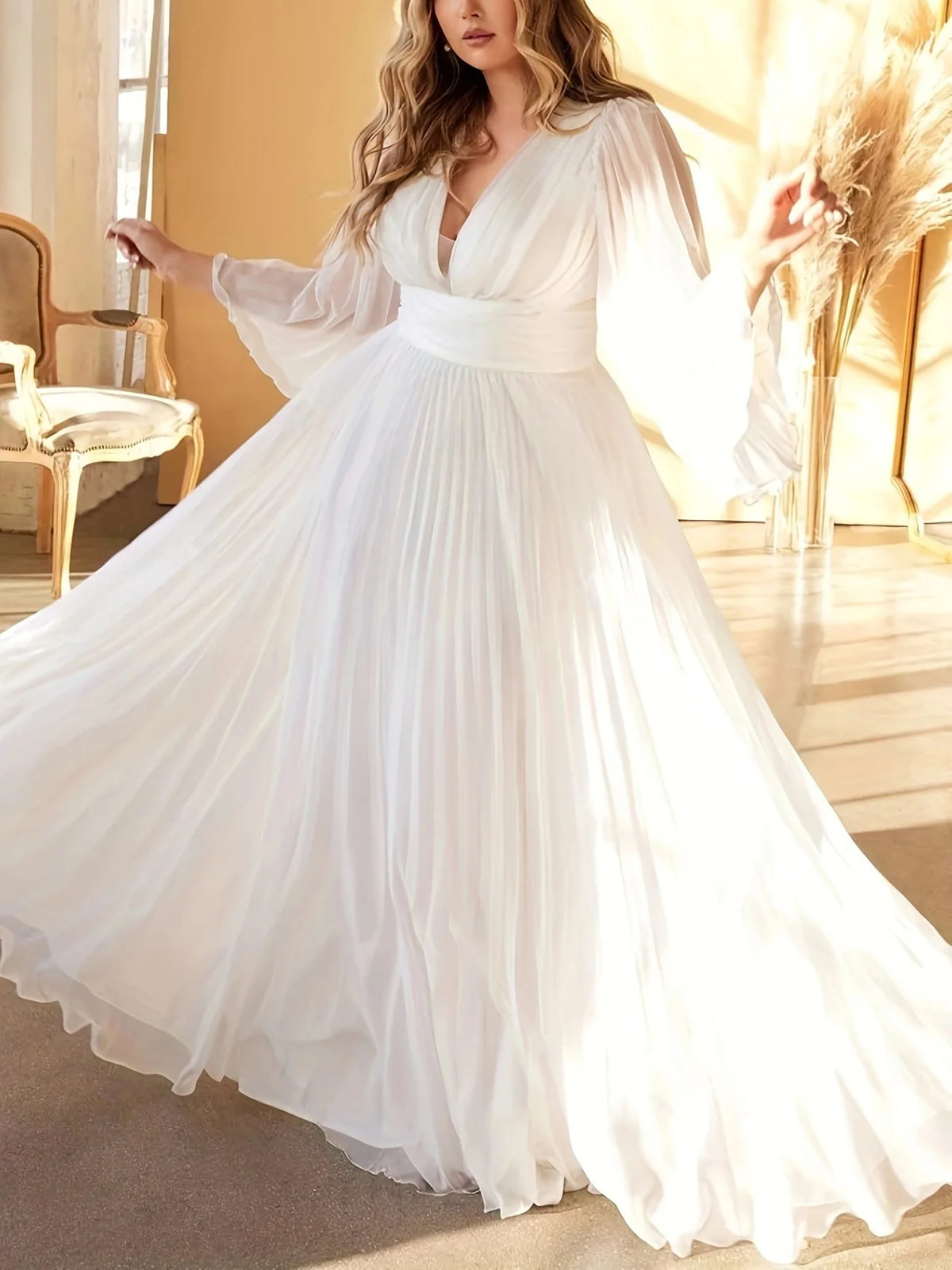 Plus Size Pleated Elegant Dress Female Solid V Neck Clothing Luxury Dinner Evening Long Robe 2025 Autumn Women Party Dress