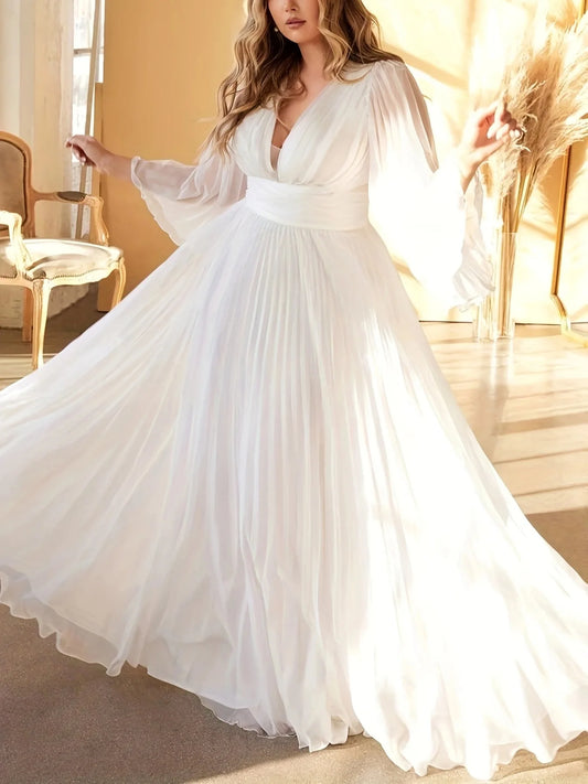 Plus Size Pleated Elegant Dress Female Solid V Neck Clothing Luxury Dinner Evening Long Robe 2025 Autumn Women Party Dress