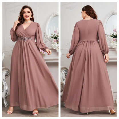 Plus Size Women V-Neck Long Sleeve Chiffon Dress Waistline Pleated Lantern Sleeve Decorated Bead Strip Long Gown Evening Dress
