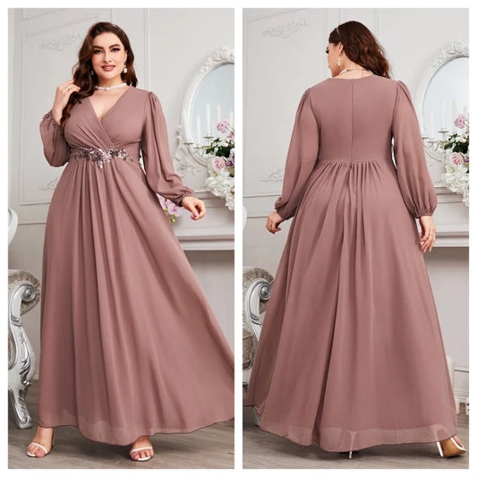 Plus Size Women V-Neck Long Sleeve Chiffon Dress Waistline Pleated Lantern Sleeve Decorated Bead Strip Long Gown Evening Dress