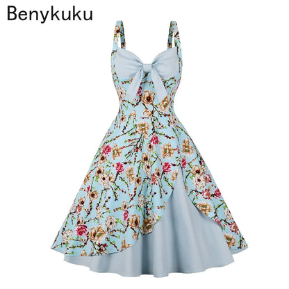 Plus Size Swan Flamingo Print Vintage Dress Women Casual Tunic Pin Up Robe 50s Rockabilly Summer Party Dresses Feminino Vestidos