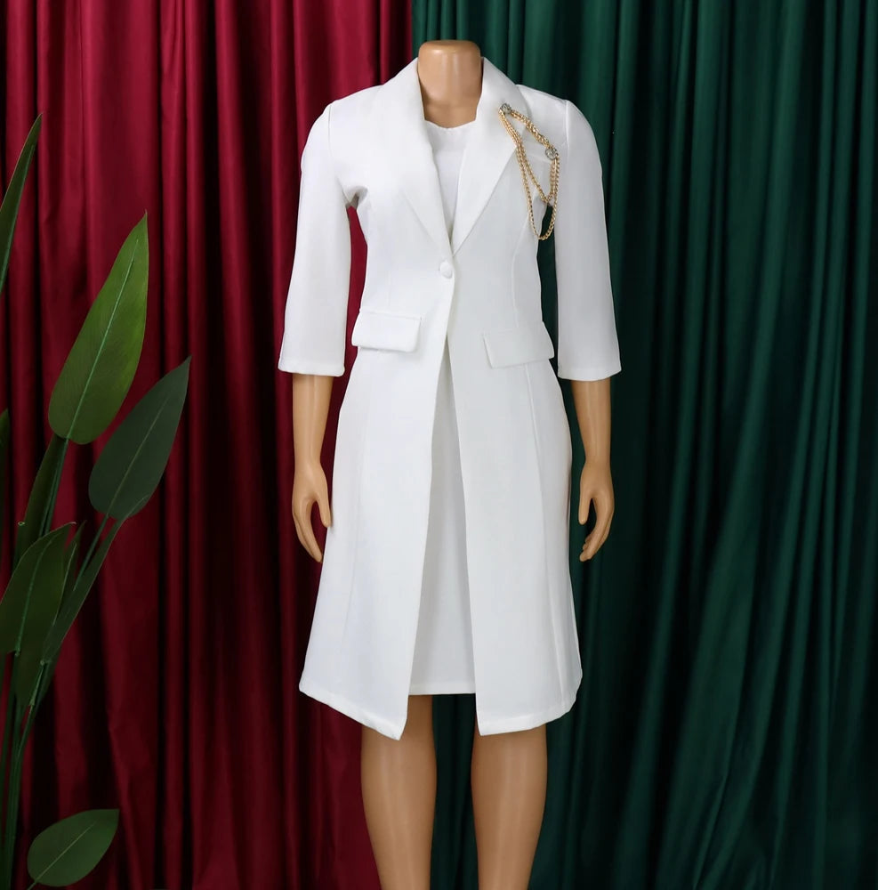 Plus Size Women 2 Piece Outfit Long Blazer Coat Matching Dress Set 3/4 Flare Sleeve Formal Wear Elegant Church Office Lady Suit