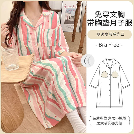 Plus Size Bra Free Nightgown Summer Cloud Cotton Short-sleeved Maternity Home Dress Loose Postpartum Breastfeeding Loungewear