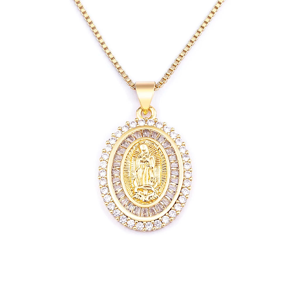 Nidin New Arrival Full Zircon Luxury Gold Plated Long Chain Virgin Mary Pendant Necklace For Women Men Charm Catholic Jewelry