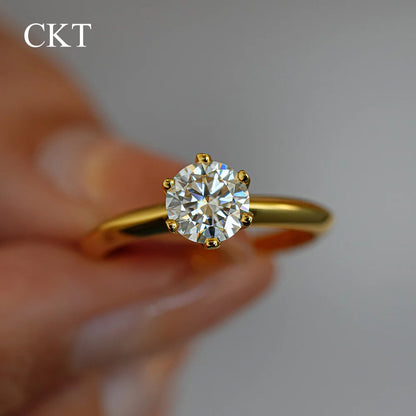 CKT Real 18k Gold Six-claw Rings for Women 6.5mm Round 1ct D Color Diamond Moissanite Fine Jewelry Wedding Bands Ring