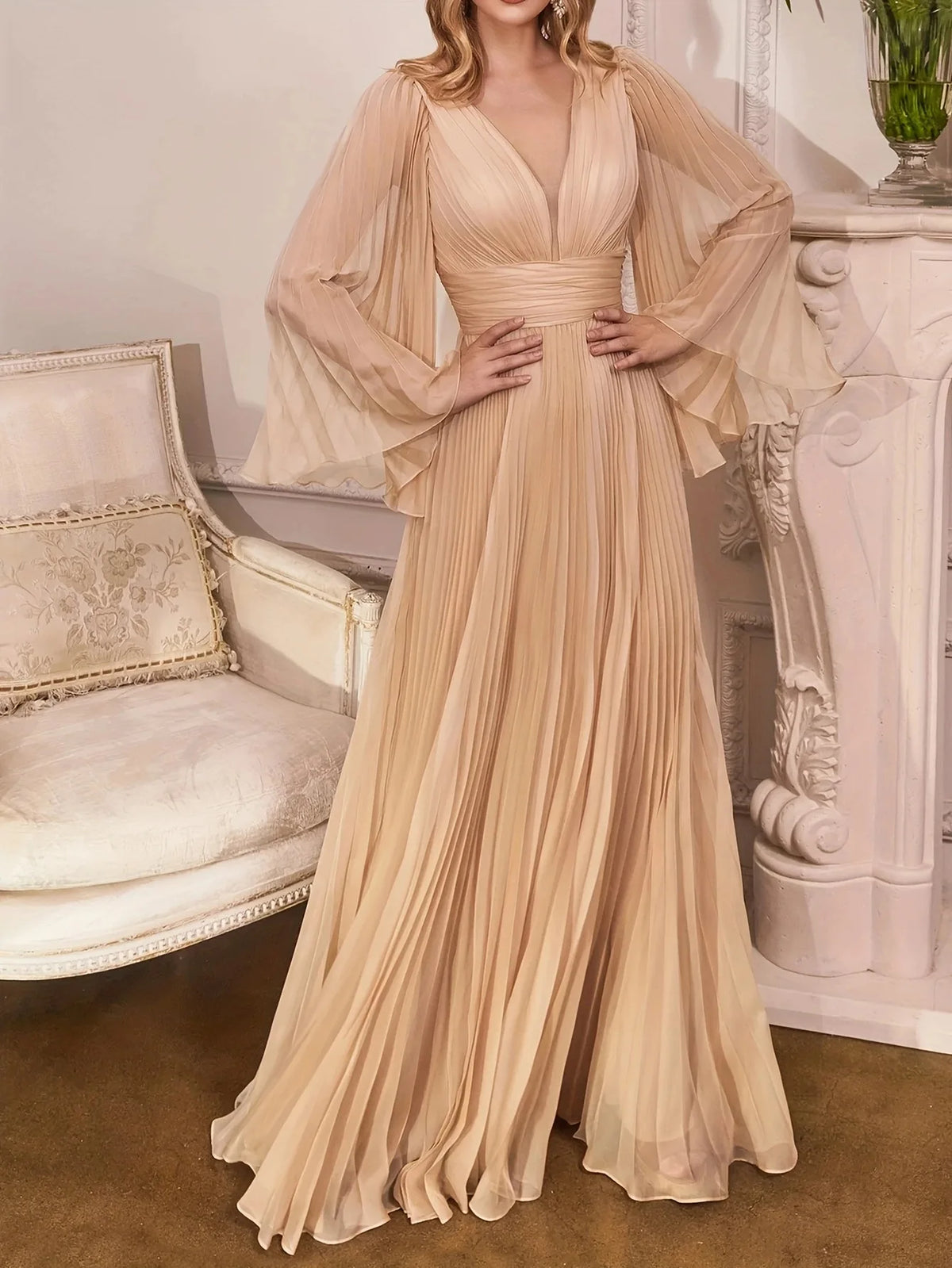Plus Size Pleated Elegant Dress Female Solid V Neck Clothing Luxury Dinner Evening Long Robe 2025 Autumn Women Party Dress