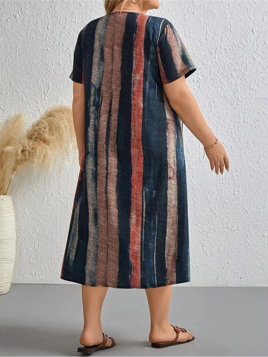 Plus-size women's multi-colored sleeveless round-neck printed dress, suitable for spring/summer/fall - oversized turtleneck styl