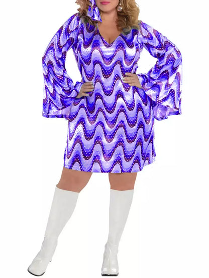 Plus Size 70s Floral Print Dress, Disco Party Mini with Bell Sleeves, Jazz Hippie A-Line Swing Dress for Women