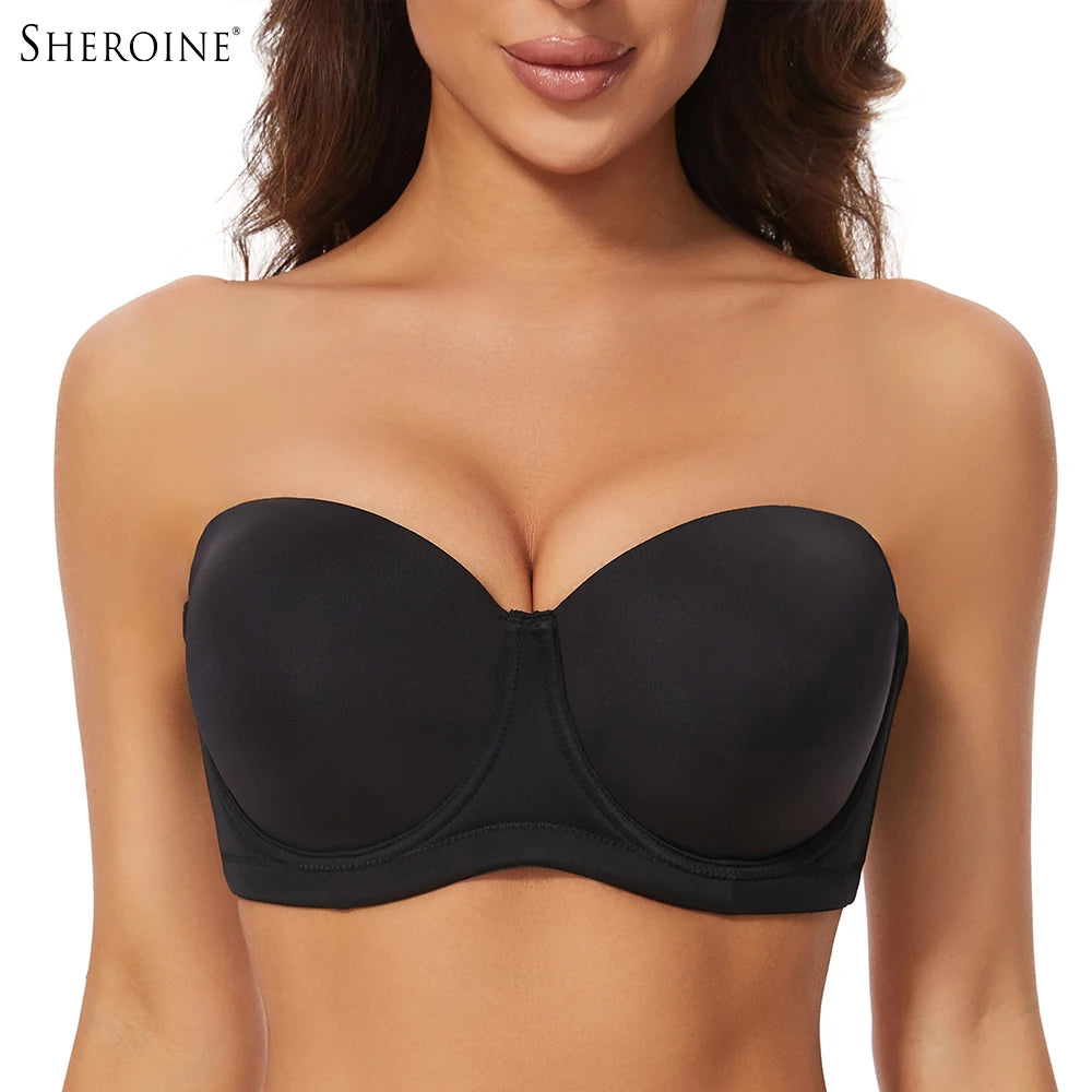 Sheroine Plus Size Strapless Bra Push Up Underwire Full Coverage Light-Padded Bras for Big Breasts Smooth & Comfort with Support