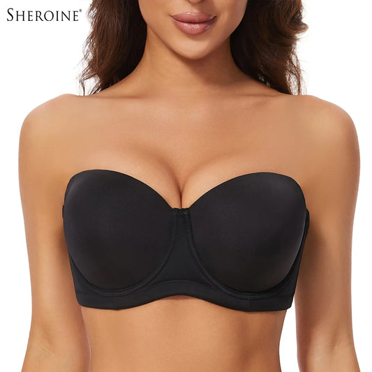 Sheroine Plus Size Strapless Bra Push Up Underwire Full Coverage Light-Padded Bras for Big Breasts Smooth & Comfort with Support