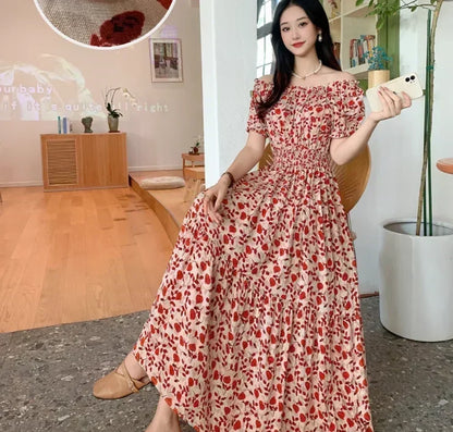 Women's Plus Size Bohemian Style Long Summer Dress for Women Floral Cotton Beach Round Neck Indian Clothing Vestido Robe Female