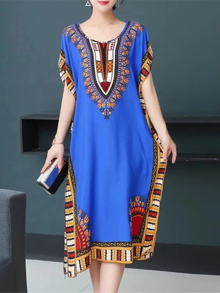 Plus Size Elegant Party Woman Midi Dresses Casual Retro Ethnic Style V-neck Tunic Large Swing Floral Printed Long Skirt Holiday
