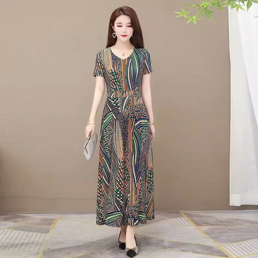 Women's Plus Size Print Dress Summer Mid-Age Mother Loose Long Flared Skirt Elegant Knee Length Dress