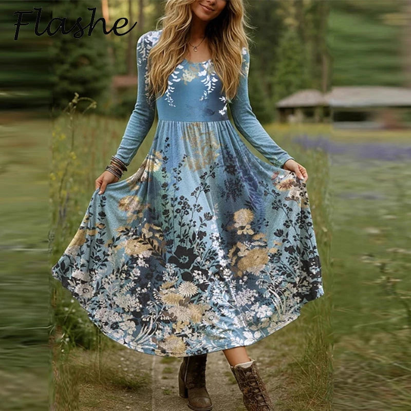 Plus Size Women Dress Boho O Neck Long Sleeve A-line Party Dresses For Women Spring Autumn Flower Printed Long Dress