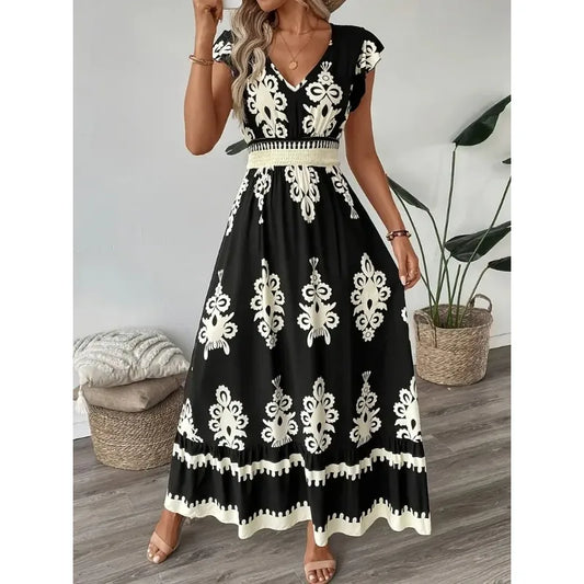 Plus Size New Women Fashion Floral Print V-Neck A-Line Dress with Ruffled Cap Sleeves Ladies Elegant Print Loose Summer Dress