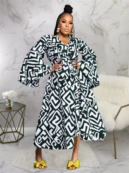 Plus Size Dresses for Women V Neck Elegant Lady Print Loose Sexy Flared  Long Sleeve Fall Maxi Dress Wholesale Dropshipping 2024
