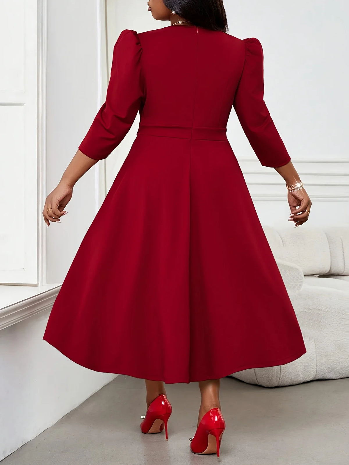 Plus Size Elegant Women Red Dress 2026 3/4 Sleeve High Waist A-Line Autumn Spring Office Lady Party Maxi Dress
