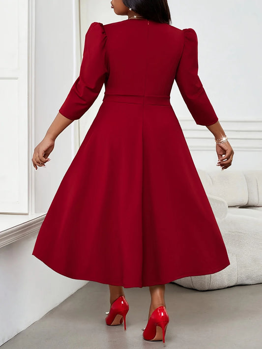 Plus Size Elegant Women Red Dress 2026 3/4 Sleeve High Waist A-Line Autumn Spring Office Lady Party Maxi Dress