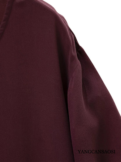 Plus Size Women's Casual Summer New Breathable 100% Natural Mulberry Silk Double Crepe Wine Red Round Neck Short Sleeved Dress