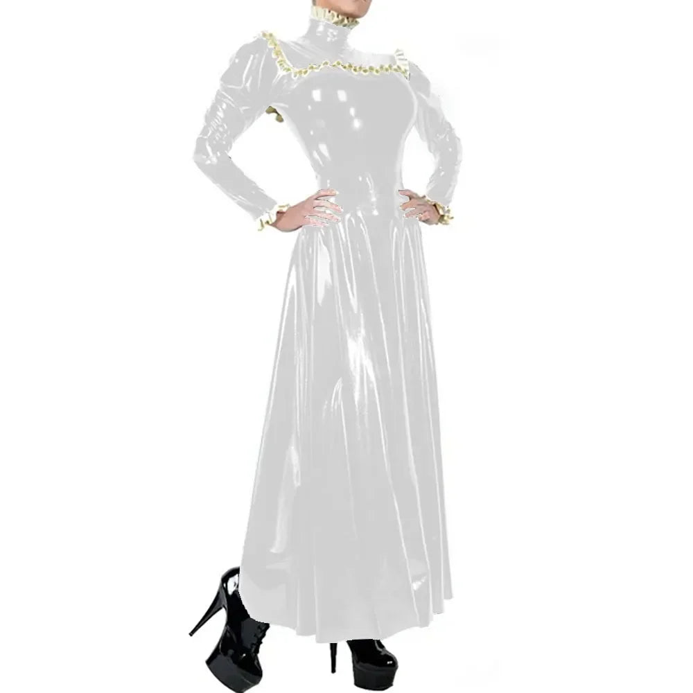 Plus Size Ladies Elegant Long Dress High Neck Ruched Trims Long Sleeved Vestidos Bodycon Back Zip Wetlook PVC Leather Ball Gowns