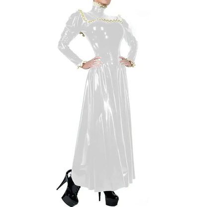 Plus Size Ladies Elegant Long Dress High Neck Ruched Trims Long Sleeved Vestidos Bodycon Back Zip Wetlook PVC Leather Ball Gowns