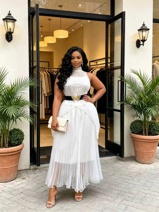 Plus Size Women Two Piece Pleated Skirt Set High Neck Sleeveless Top Midi Dress with Black Gold Butterfly Belt Ladies Elegant Ou