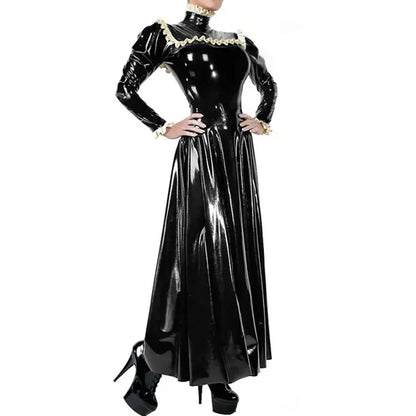 Plus Size Ladies Elegant Long Dress High Neck Ruched Trims Long Sleeved Vestidos Bodycon Back Zip Wetlook PVC Leather Ball Gowns