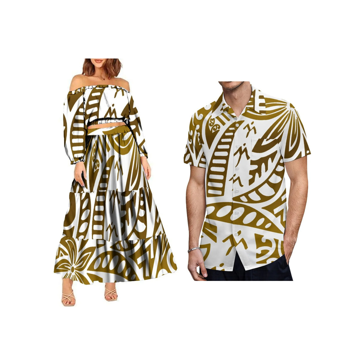 New Fashion Custom Plus Size Lady Full Sleeve Off Shoulder Crop Top and Long Pleated Skirt Samoan Polynesian Dress Women 2pcs