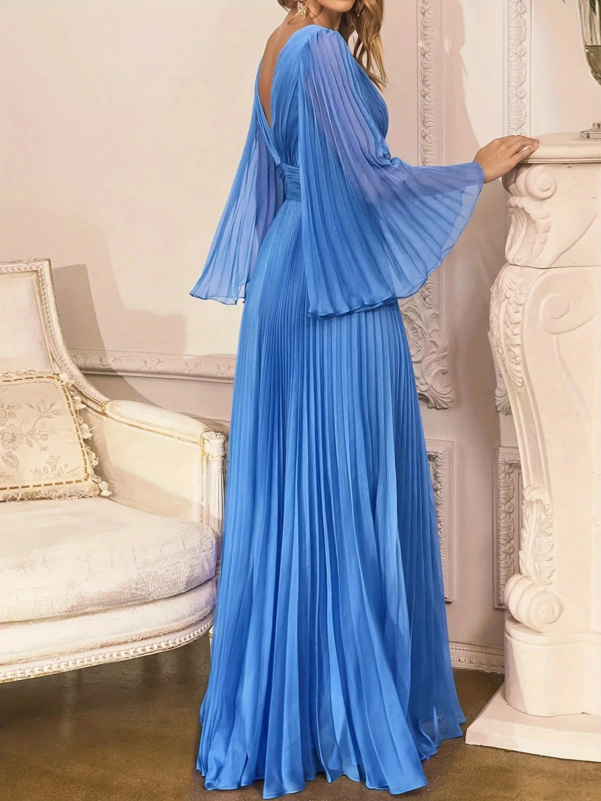 Plus Size Pleated Elegant Dress Female Solid V Neck Clothing Luxury Dinner Evening Long Robe 2025 Autumn Women Party Dress